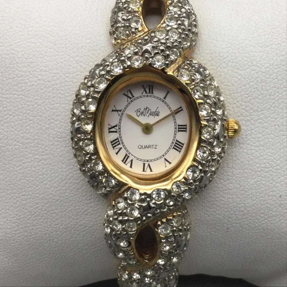 Bob Mackie Watch Womens Watch 26mm White Dial Gold Tone Bangle New Battery 6.5